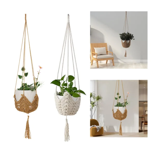 Flower Pots Pocket Hanging Handmade Weave Rope Weaving Outdoor Home Gardening Decorative Flower Pots Hanging Basket - Image 2