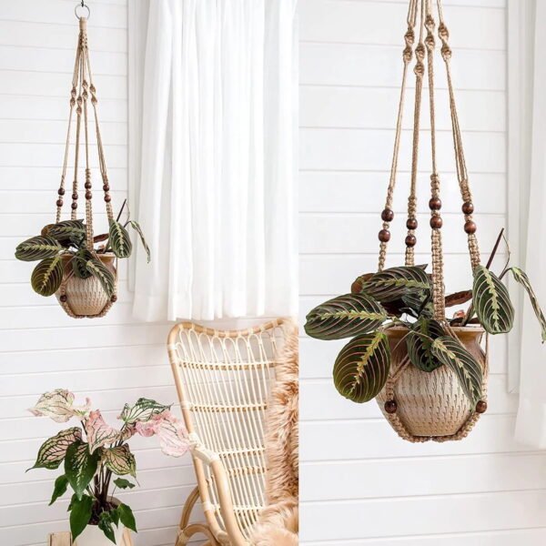 Hanger Indoor Jute Hanging Planter Basket With Wood Beads Decorative Flower Pot Holder No Tassels for Indoor Outdoor Boho Home Decor 35 Inch Brown