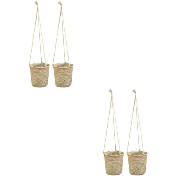 2 Pack Hanging Plant Pots Seagrass Planter Woven Basket Rattan Unique Shape