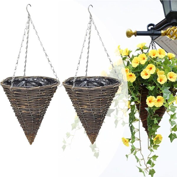 Hanging Planter Basket, 2Pcs Cone Shaped Hanging Baskets 10 In High Hanging Weaving Flower Basket with Chain Hook Rattan Vertical Planter Basket, Outdoor Rattan Vertical Planter Basket for Garden