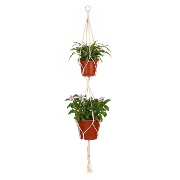 Double Plant Hanger Indoor Outdoor 2 Tier Flower Pot Hanging Planter Basket Cotton Rope 4 Legs 47 Inch
