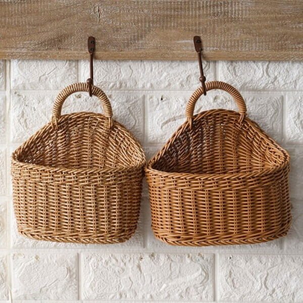 Wicker Storage Basket with Handle Shopping Basket Semi-Circular Woven Rattan Wall Hanging Planter Basket for Home Garden Wedding Wall Decor - 1PC