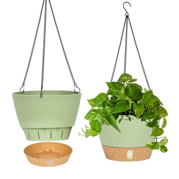 2 Pack 10 inch Plastic Green Hanging Planters with 3 Hooks, Hanging Plant Pot Basket with Drainage Hole for Garden Home