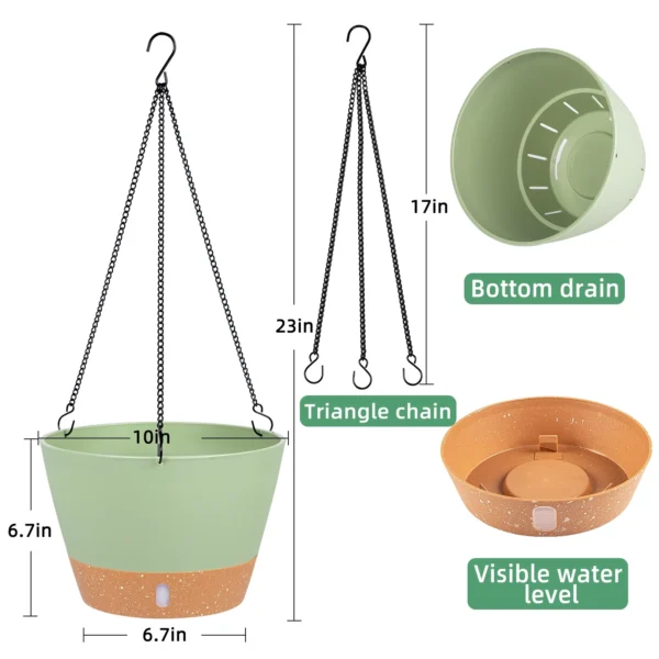 2 Pack 10 inch Plastic Green Hanging Planters with 3 Hooks, Hanging Plant Pot Basket with Drainage Hole for Garden Home - Image 2