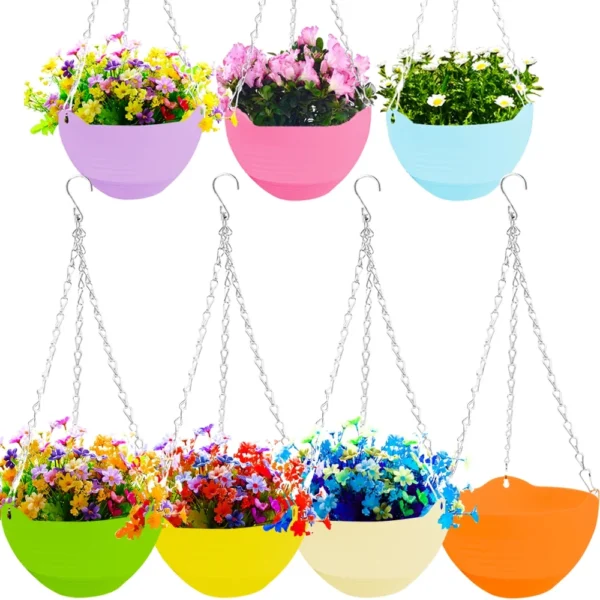 7 Pack Plastic Self-Watering Hanging Planters,Colorful Garden Flower Plant Pot Container,Hanging Plant Baskets with Drainer and Chain for Indoor Outdoor Use,7 Colors