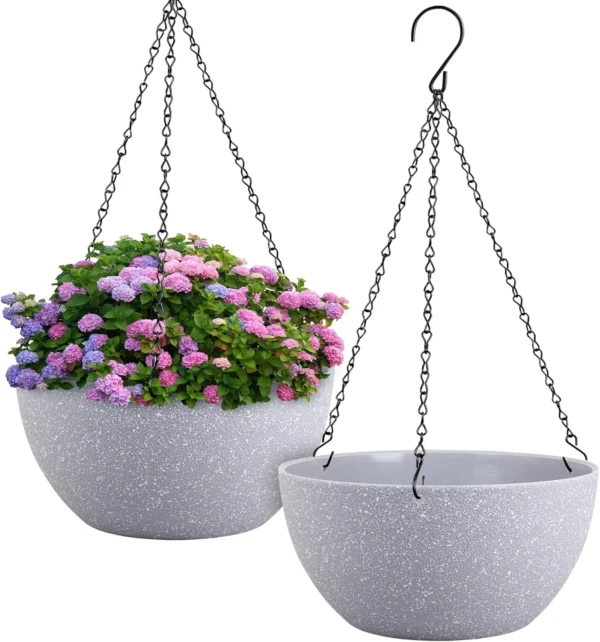 12 inch Large Hanging Planters for Indoor Outdoor Plants, 2 Pack Hanging Flower Pots with Drainage Holes and Chain for Garden Porch, Plastic Hanging Baskets for House Plants, Speckled Black