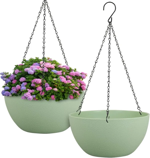 12 inch Large Hanging Planters for Indoor Outdoor Plants, 2 Pack Hanging Flower Pots with Drainage Holes and Chain for Garden Porch, Plastic Hanging Baskets for House Plants, Speckled Black