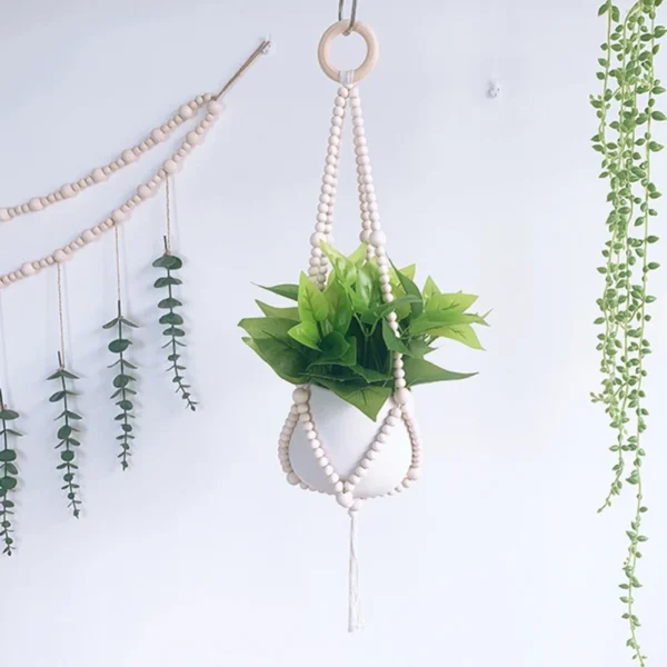 Plant Hanger Indoor Hanging Planter Basket with Wood Beads Decorative Flower Pot Holder No Tassels for Indoor Outdoor Boho Home Decor - Image 2