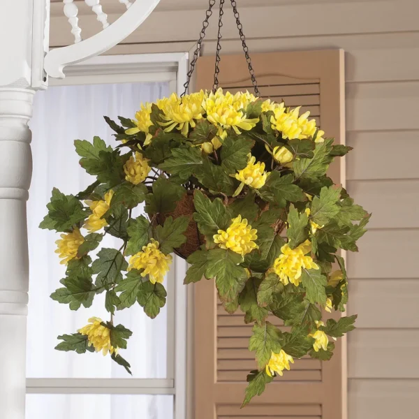 Fully Assembled Artificial Mum Hanging Basket, Yellow, 10” Diameter with 18” Long Chain – Polyester/Plastic Flowers in Metal/Coco Fiber Liner Basket for Indoor/Outdoor Use - Image 2