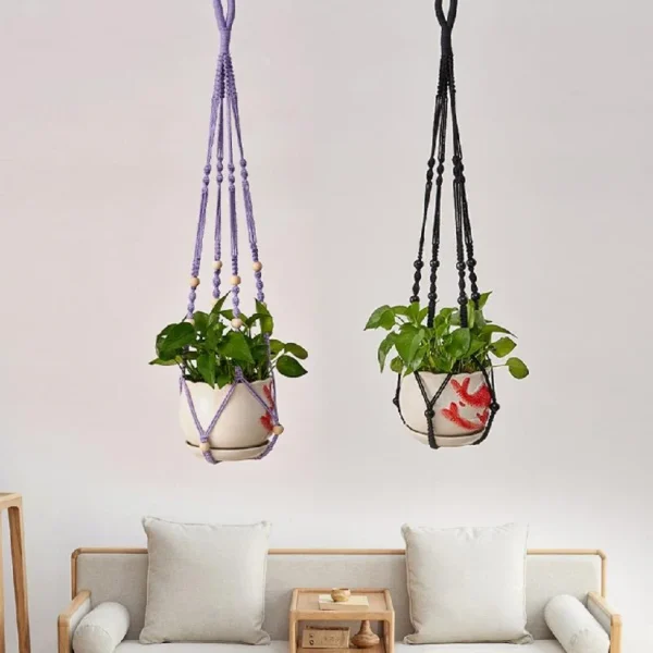 Flower Pots Pocket Hanging Handmade Cotton Rope Weaving Outdoor Home Gardening Decorative Flower Pots Hanging Basket - Image 2