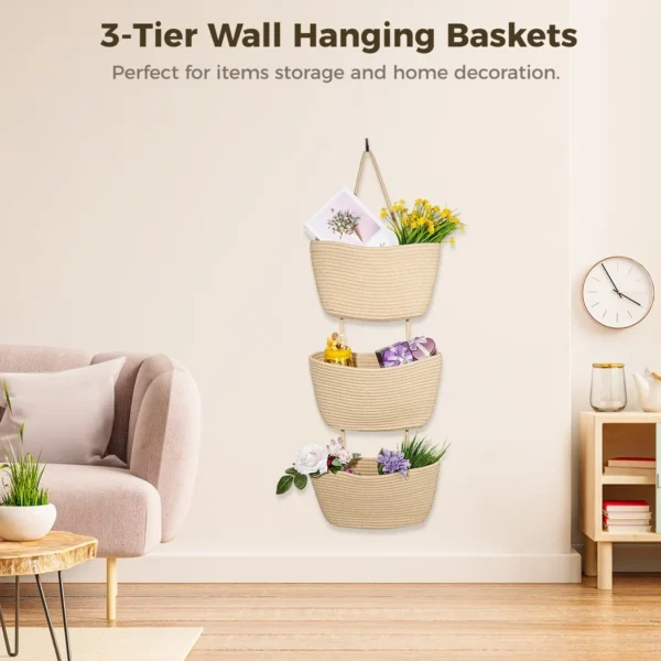 3 Tier Hanging Baskets, Hanging Fruit Baskets, Over The Door Hanging Baskets Large Wall Basket, Storage Organizer Basket for Nursery Living Room Bedroom Kitchen - Image 2
