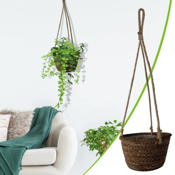 Green Dill Hanging Storage Basket, Rattan Garden Basket, Waterproof Wicker, Outdoor Plant Pot, for Patios, Kitchen Storage, Decorative Hanging Planter, Natural Grass Vase, Home Decor,